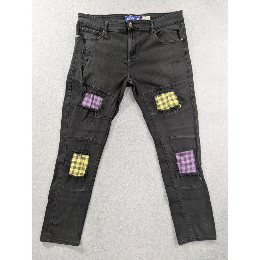 GS-115 Jeans Mens 36x32 Black Distressed Patchwork Skinny Fit Plaid Punk Style